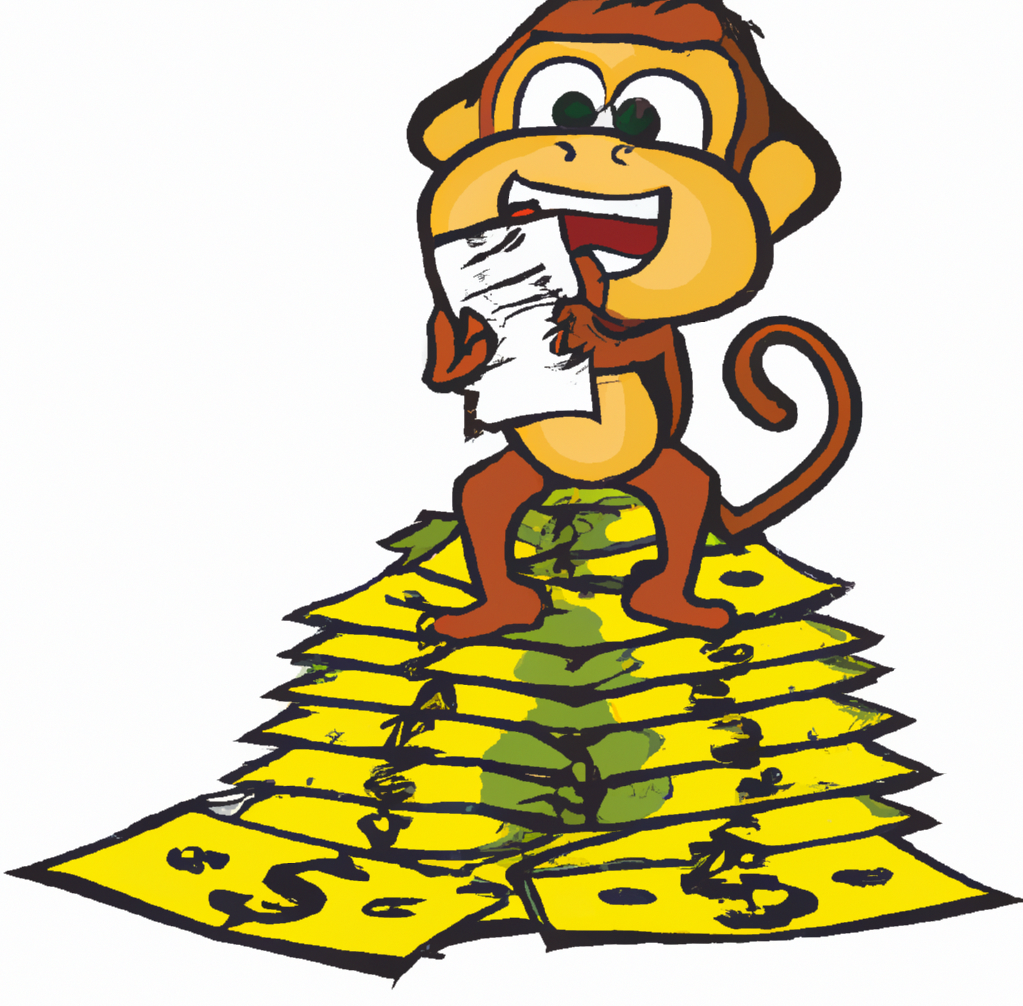 Apina ihastelemassa hinnastoa rahakasan päällä